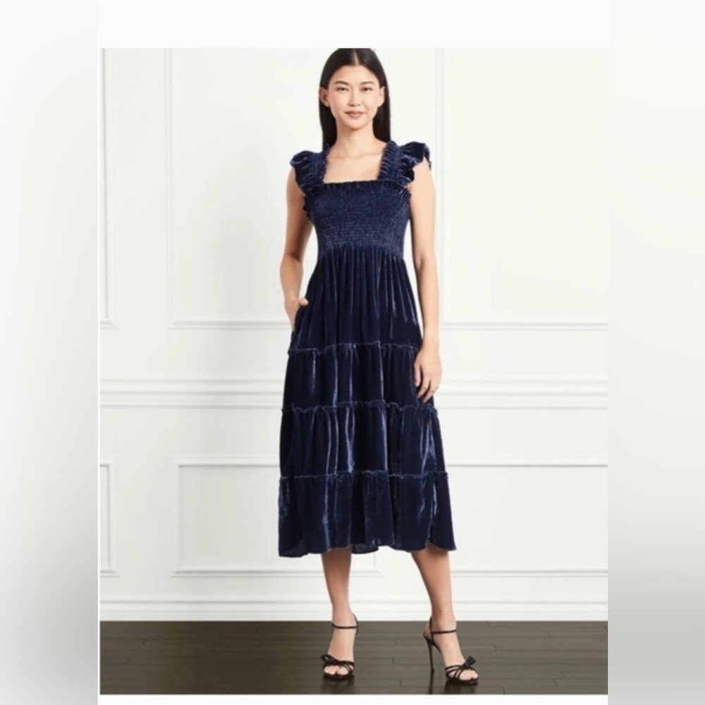 Smocked Off-Shoulder Velvet Midi Dress in Navy